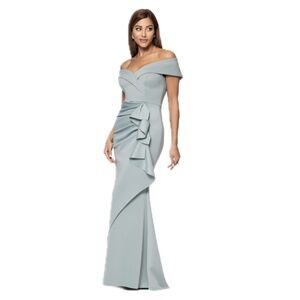 NWT XCAPE Patti Long Off-the-Shoulder Scuba Crepe Dress Sage Color $298
